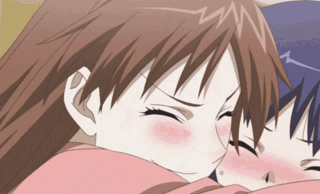 a couple of anime girls hugging each other with one making a face