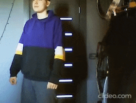 a young man in a purple and black sweater is standing in front of a door