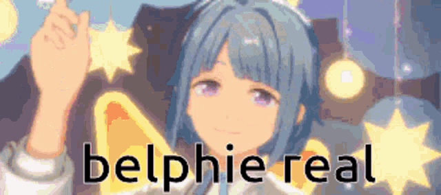 a pixel art of a girl holding a star with the words belphie real written below her .