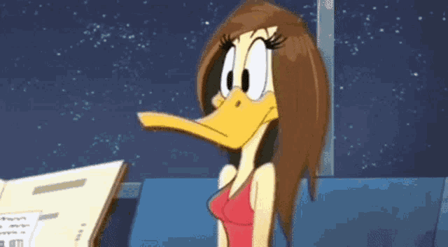 a cartoon duck with long brown hair is sitting on a couch with a ticket .