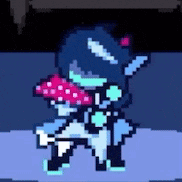 a pixel art drawing of a person holding a mushroom in their hand .