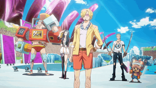 a man in a yellow jacket stands in front of a group of characters