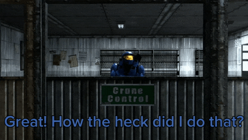 a video game scene with a crane control sign