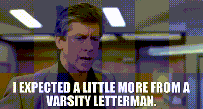 a man in a suit and black shirt says i expected a little more from a varsity letterman .