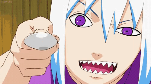 a cartoon character with purple eyes is pointing at something