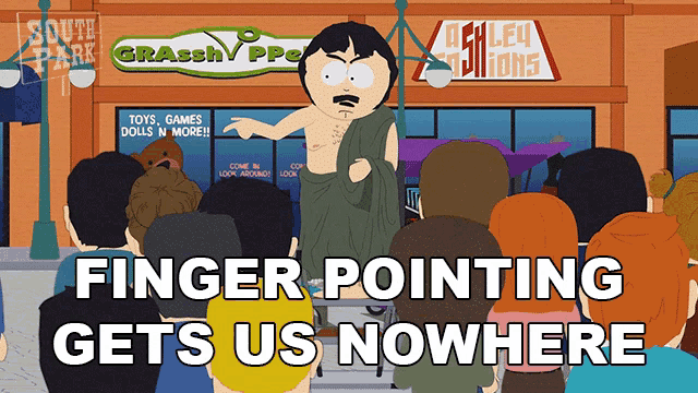 a cartoon of a man standing in front of a store with the words finger pointing gets us nowhere above him