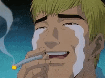 a cartoon man is crying while smoking a cigarette .
