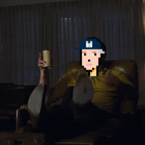 a pixelated image of a man sitting in a chair with a h on his hat