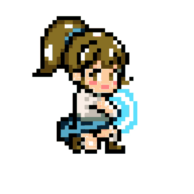 a pixel art drawing of a girl in a blue dress with a ponytail
