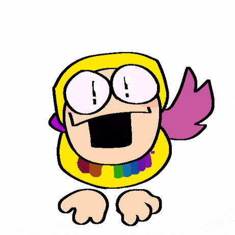 a cartoon character with a rainbow scarf around his neck and a surprised look on his face .