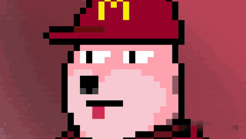 a pixel art of a man wearing a red hat with a mcdonald 's logo on it