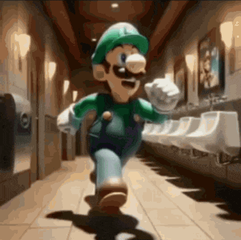 a cartoon character named luigi is running down a hallway in a bathroom .
