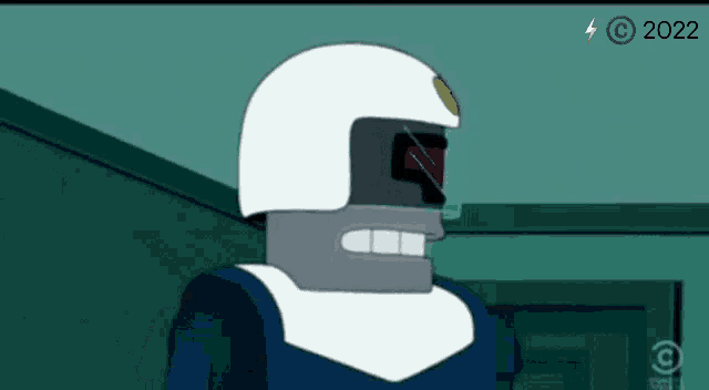 a cartoon character wearing a white helmet and a blue uniform with the year 2022