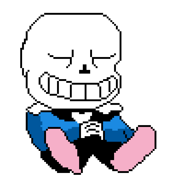 a pixel art of a skeleton sitting down with his eyes closed and a bow tie .