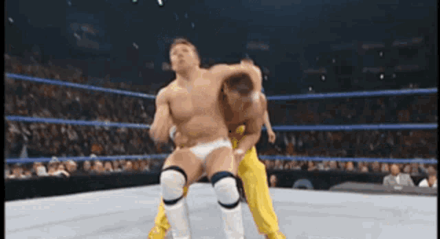 two men are wrestling in a wrestling ring with a crowd in the background