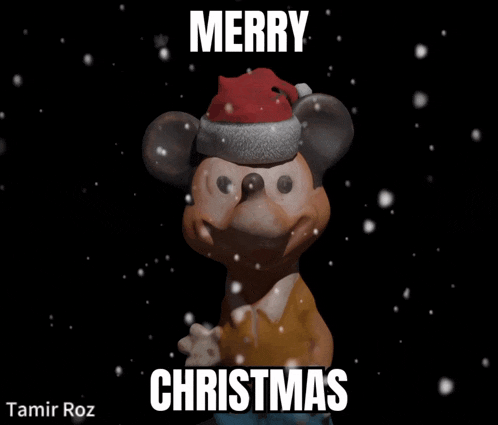 a picture of mickey mouse wearing a santa hat with the words merry christmas below him
