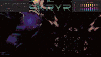a computer screen displays a purple and pink graphic