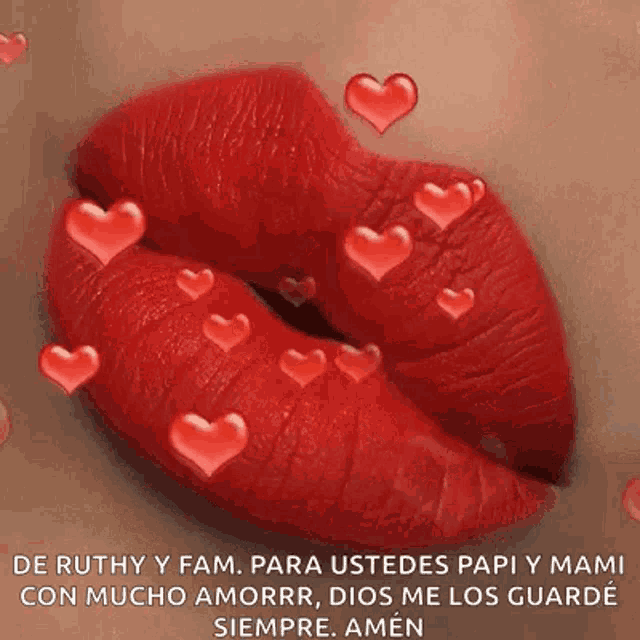 a close up of a woman 's lips with red lipstick and red hearts coming out of them .