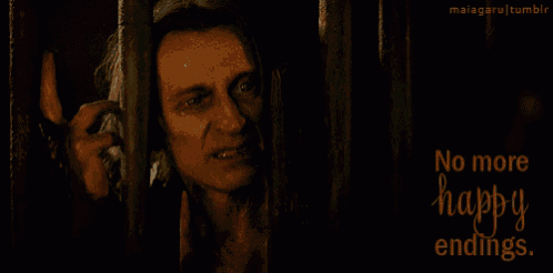 a man behind bars with the words " no more happy endings " below him