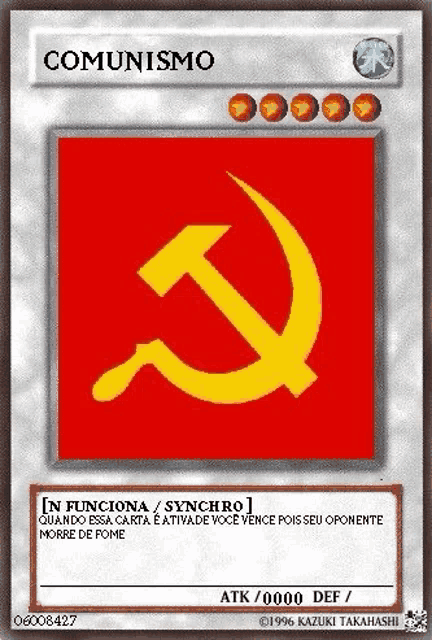 a yu gi oh card with a hammer and sickle on it .