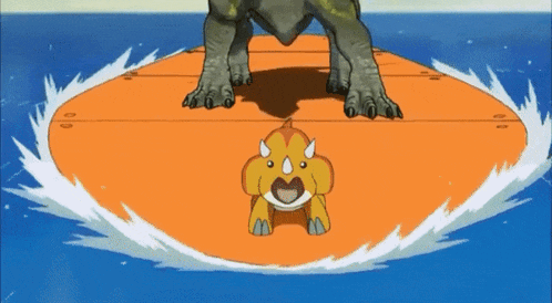 a cartoon drawing of a triceratops standing on an orange platform in the water