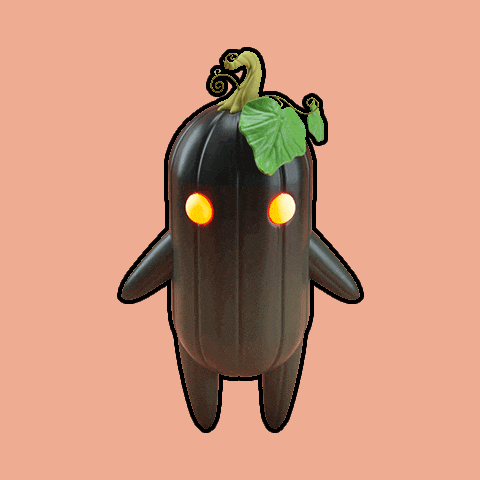 a cartoon drawing of a black pumpkin with orange eyes and a green leaf on top