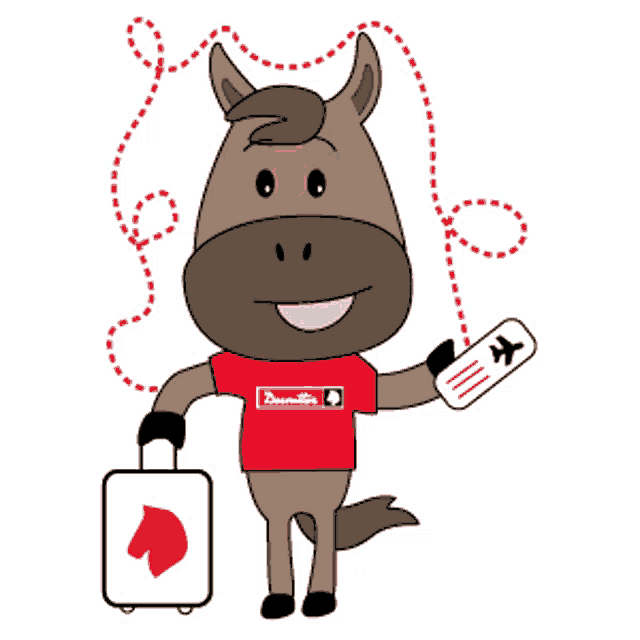 a cartoon horse is wearing a red shirt that says dunhill on it