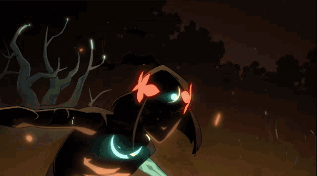 a cartoon character with glowing eyes and a crescent moon on his chest