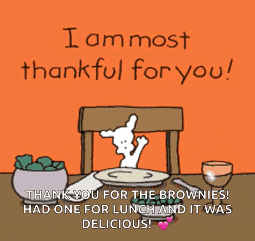 a cartoon says " i am most thankful for you " with a bunny sitting at a table