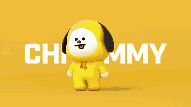a yellow stuffed animal is standing in front of the word chummy on a yellow background