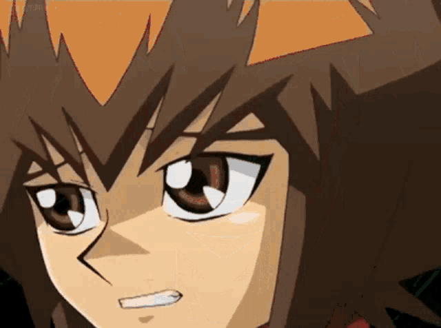 a close up of a cartoon character with brown hair and white eyes