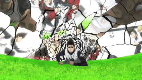 a cartoon of a man laying on the grass with a soccer ball in the background