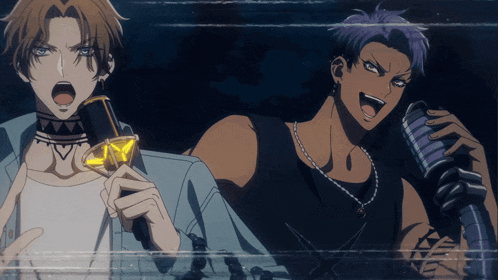 a couple of anime characters standing next to each other one holding a microphone