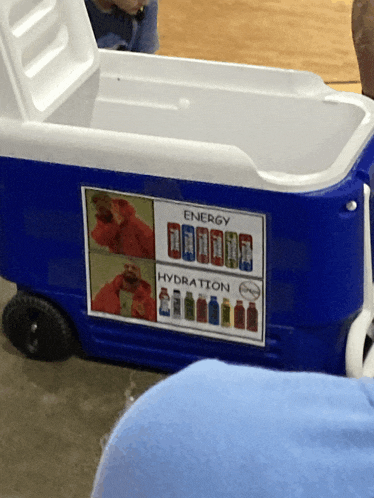 a blue cooler with a sticker that says energy and hydration