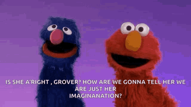 elmo and grover from sesame street are standing next to each other with a purple background