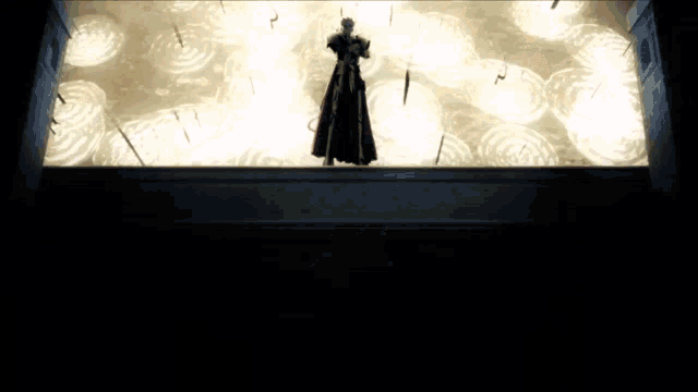 a man in a red cape stands in front of a wall with swords on it