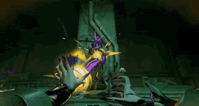 a video game is being played in a dark room with a purple object in the background