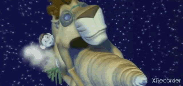 a cartoon character is flying through the air in a spaceship .