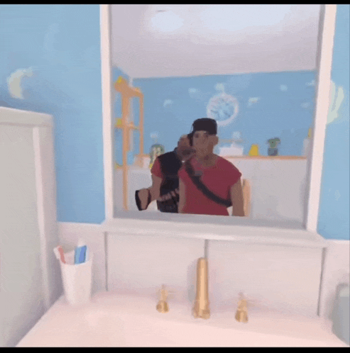 a man in a red shirt is standing in front of a mirror in a bathroom