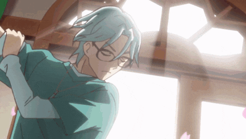 a cartoon character with blue hair and glasses