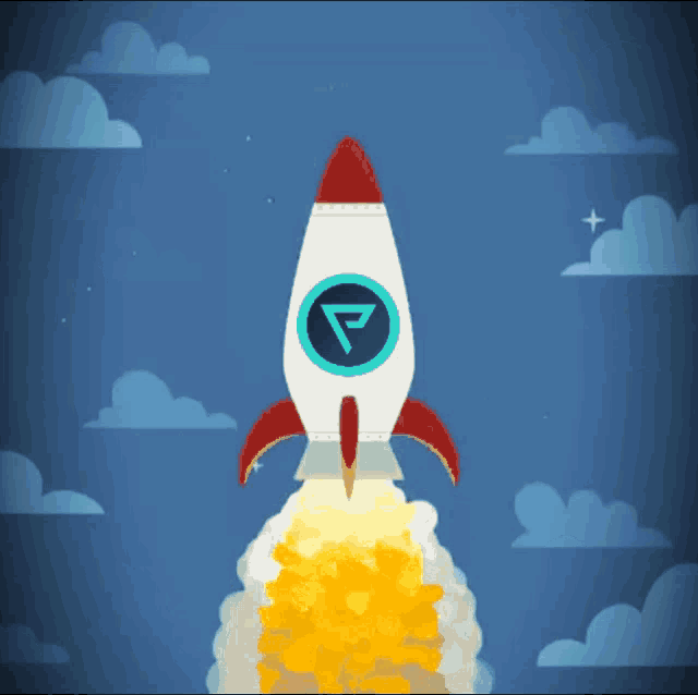 a rocket with a letter p on it is flying through the air