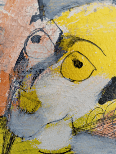 a close up of a painting of a face with a yellow eye