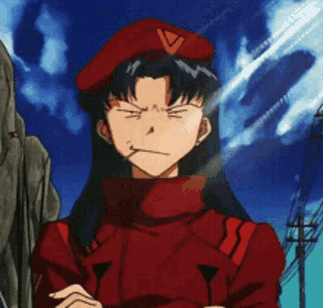 a cartoon character wearing a red hat with a triangle on it