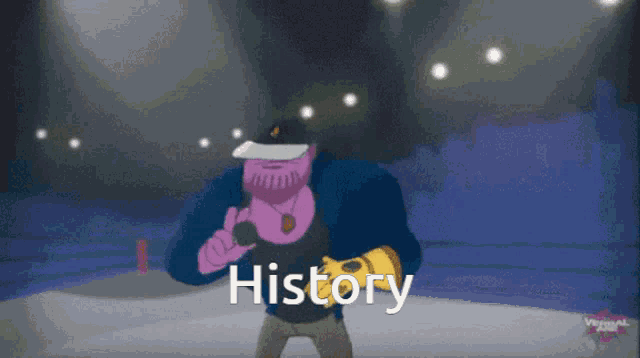a cartoon character is holding a microphone and the word history is on the bottom
