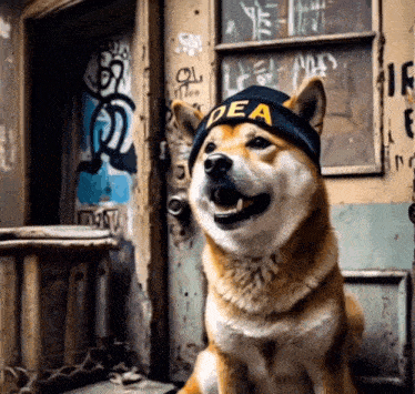 a dog wearing a beanie with dea written on it