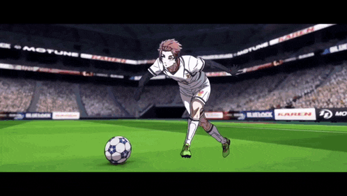 a soccer player is kicking a soccer ball in a stadium with ads for motune