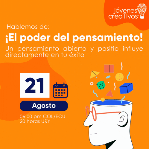 an advertisement for jovenes creativos shows a head with glasses and a calendar