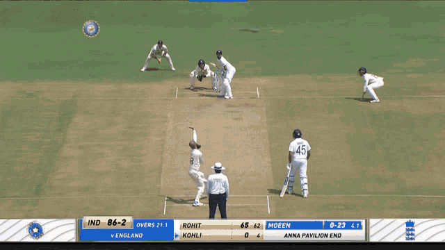 a cricket game is being played between india and england and the score is 86-2