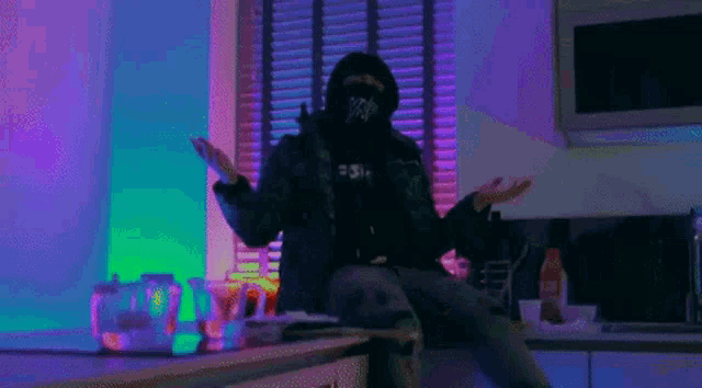 a man wearing a mask is sitting on a kitchen counter .