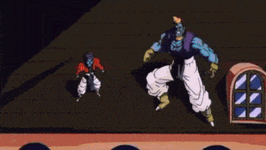 a cartoon of a man and a boy standing next to each other on a wooden floor .